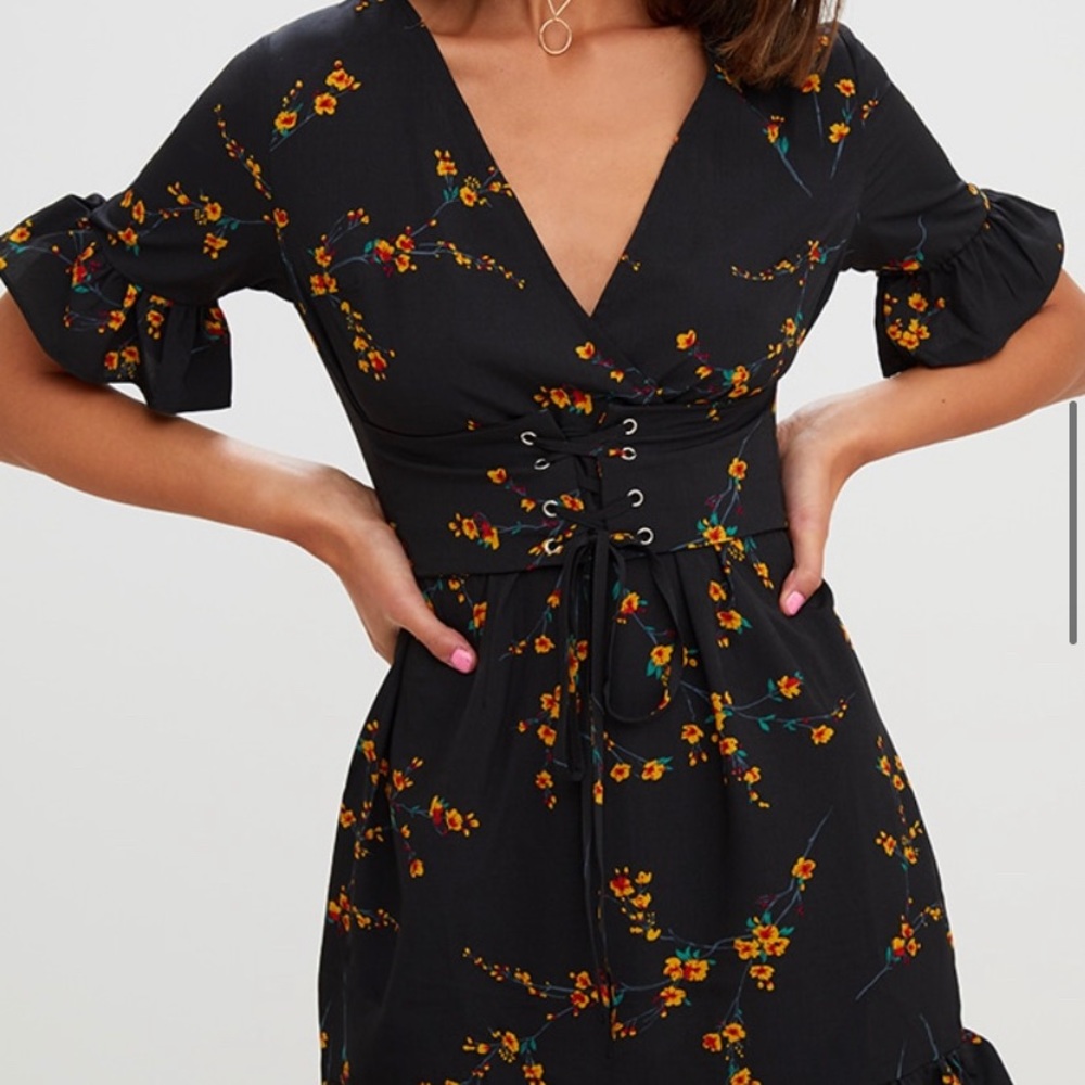 pretty little thing black corset floral dress